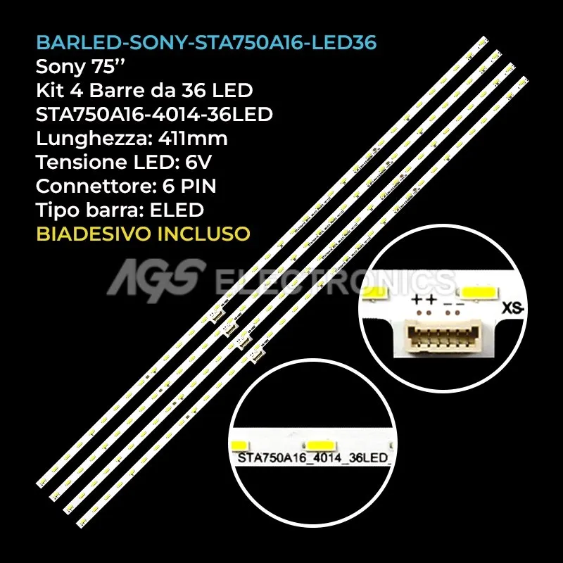 kit 4 barre LED retroilluminazione per Sony 75 pollici modello KD75XE8596