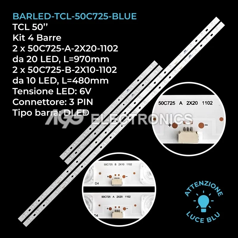 kit 4 barre LED retroilluminazione per TCL 50 pollici modello 50C725X1