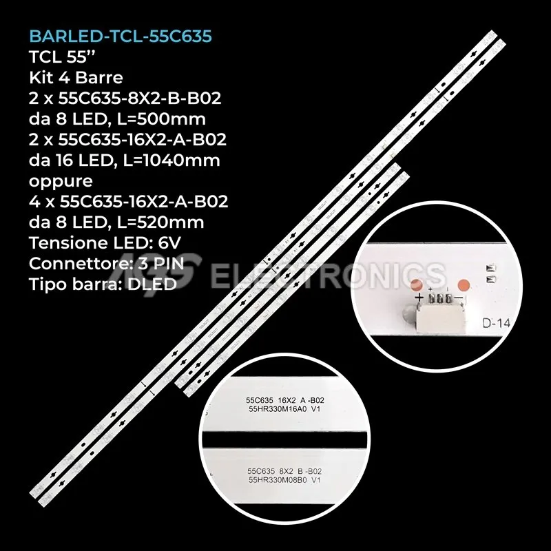 kit 4 barre LED retroilluminazione per TCL 55 pollici modello CS9W02V1