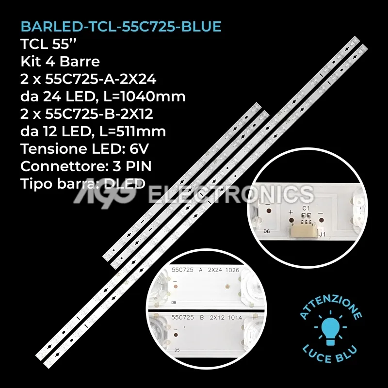 kit 4 barre LED retroilluminazione per TCL 55 pollici modello 55C729X1