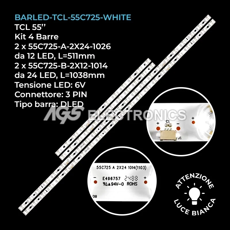 kit 4 barre LED retroilluminazione per TCL 55 pollici modello 55C725