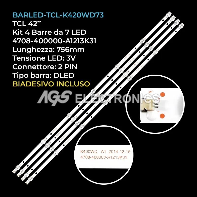 kit 4 barre LED retroilluminazione per Philips 42 pollici modello 42PFF5201T3