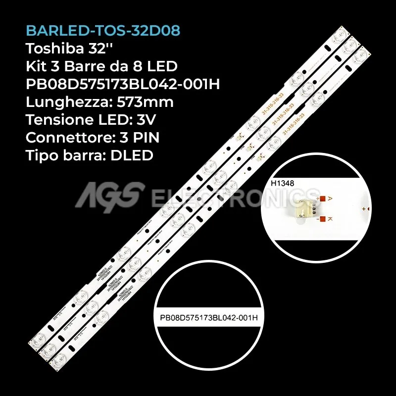 kit 3 barre LED retroilluminazione per Telefunken 32 pollici modello TFLED32S2