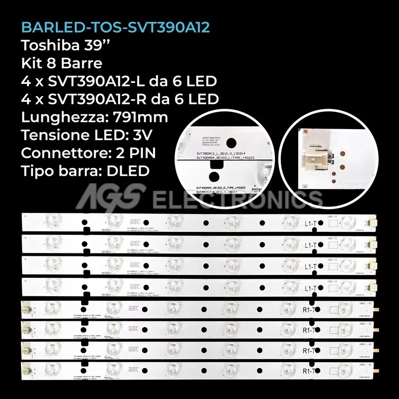 kit 8 barre LED retroilluminazione per Toshiba 39 pollici modello 39L2333DG