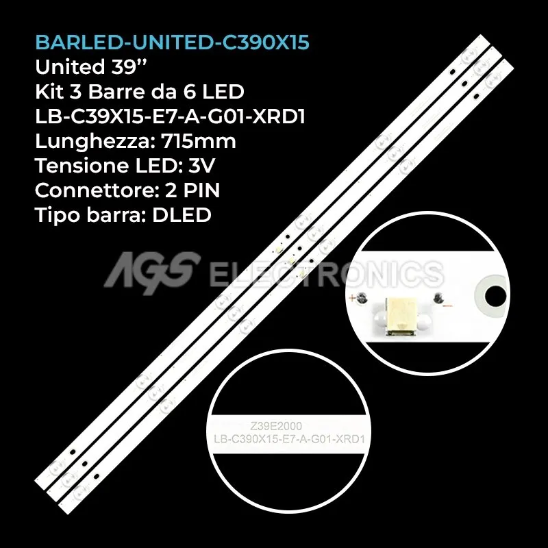 kit 3 barre LED retroilluminazione per United 39 pollici modello LED39HS40