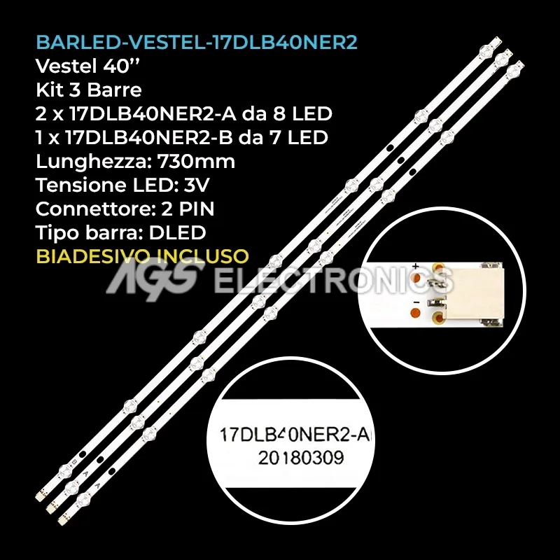 kit 3 barre LED retroilluminazione per Vestel 40 pollici modello 40FD7300