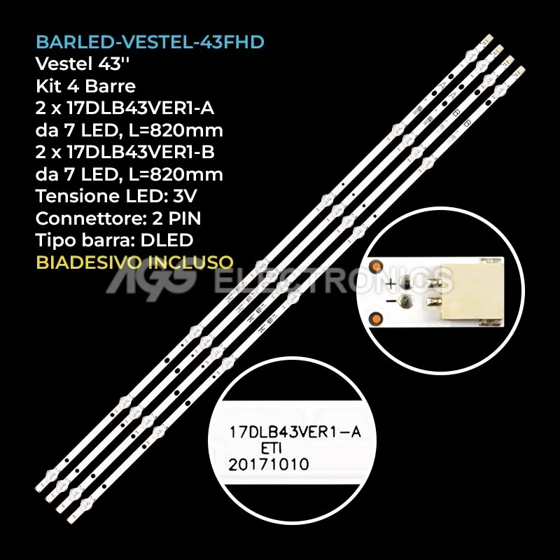 kit 4 barre LED retroilluminazione per Hitachi 43 pollici modello 43HB6T62U