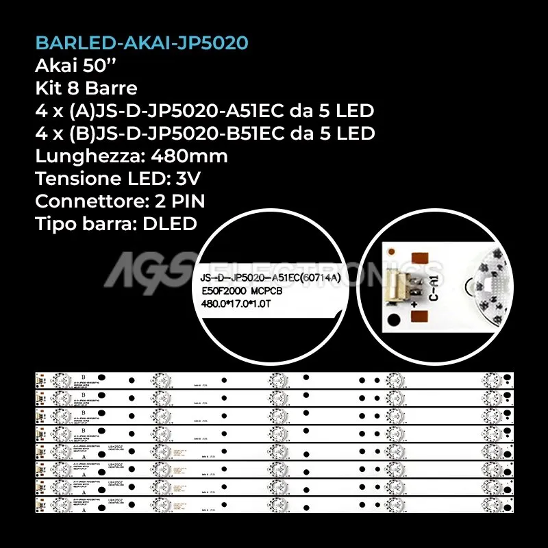 kit 8 barre LED retroilluminazione per Akai 50 pollici modello E50F200