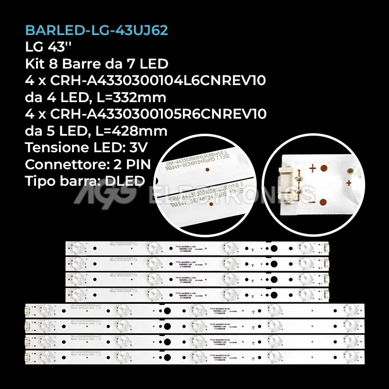kit 8 barre LED retroilluminazione per LG 43 pollici modello 43UG620V