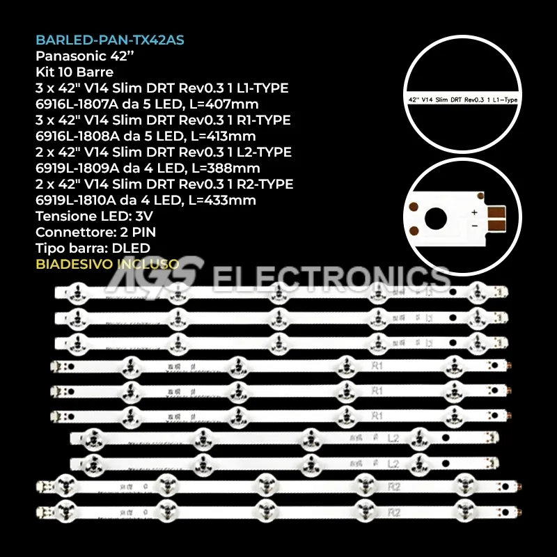 kit 10 barre LED retroilluminazione per Panasonic 42 pollici modello TH42AS670H