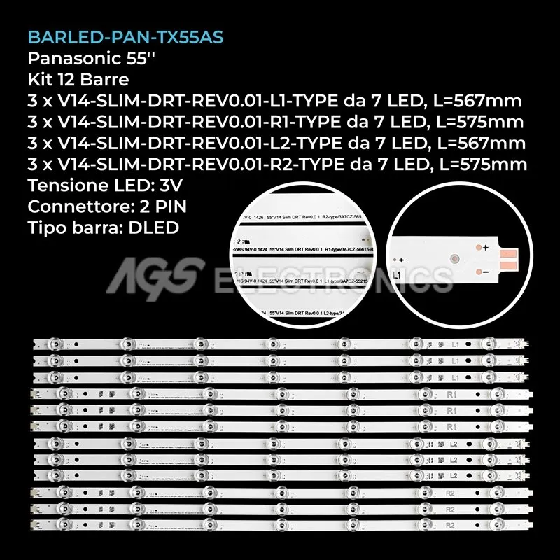 kit 12 barre LED retroilluminazione per Panasonic 55 pollici modello TX55AS650E