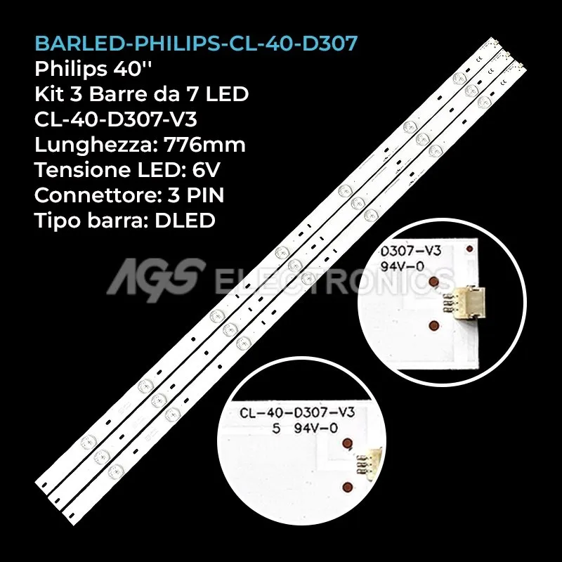 kit 3 barre LED retroilluminazione per Philips 40 pollici modello 40PFT410