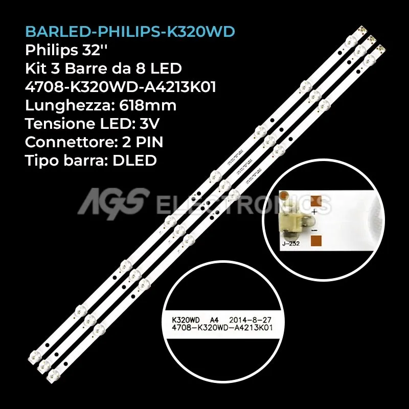 kit 3 barre LED retroilluminazione per Philips 32 pollici modello 32PHT400112