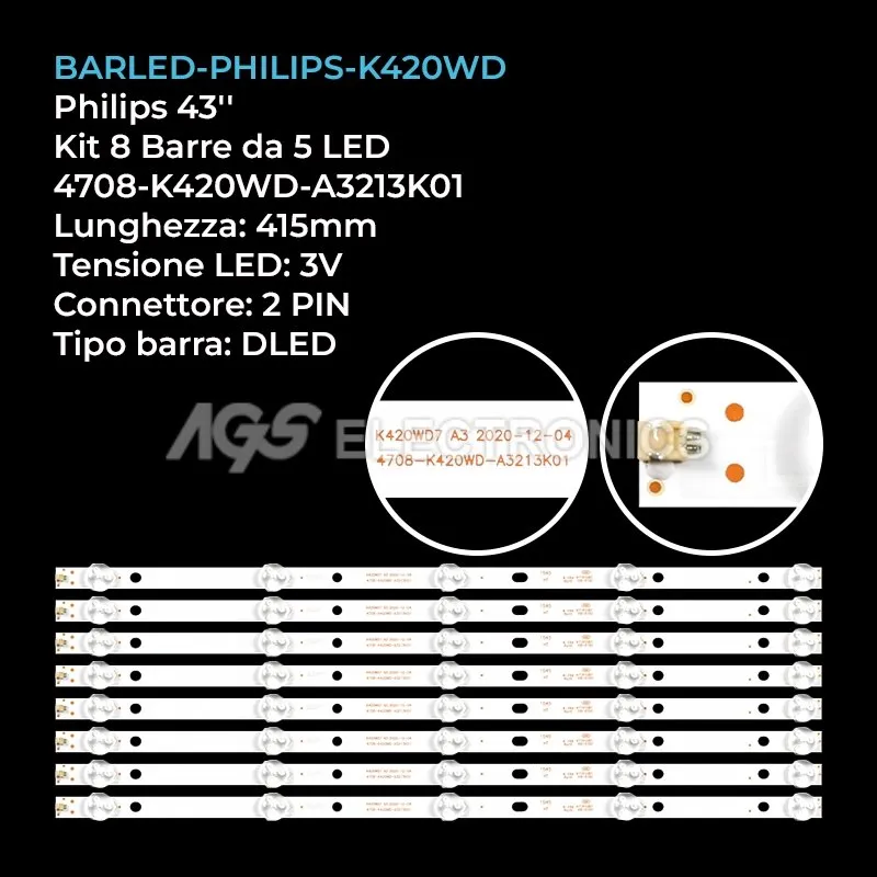 kit 8 barre LED retroilluminazione per Philips 43 pollici modello 43PUF6056T3