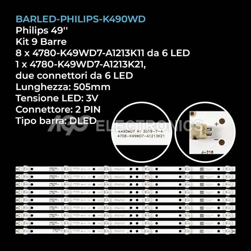 kit 9 barre LED retroilluminazione per Philips 49 pollici modello 49PFL3445T3