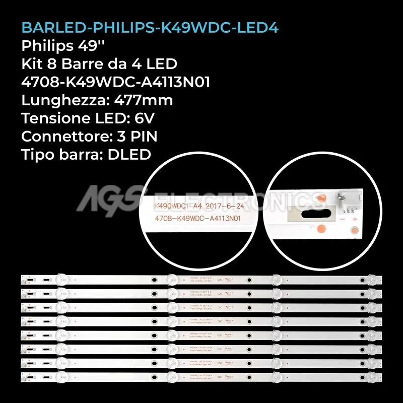 kit 8 barre LED retroilluminazione per Philips 49 pollici modello K490WDC2