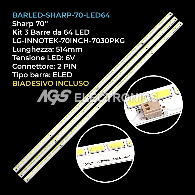 kit 3 barre LED retroilluminazione per Sharp 70 pollici modello LC70LE640U