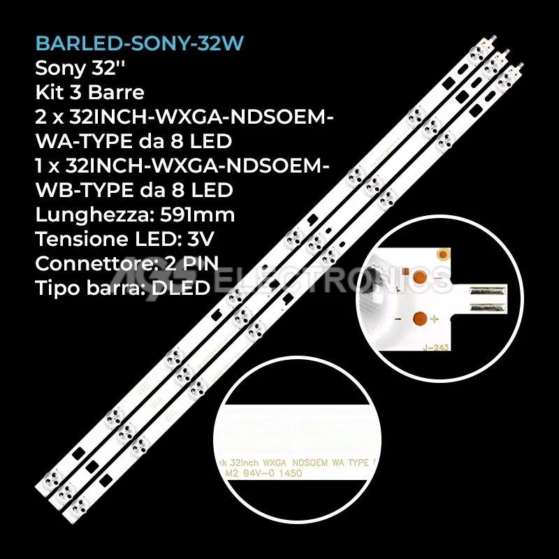 kit 3 barre LED retroilluminazione per Sony 32 pollici modello KDL32R420B