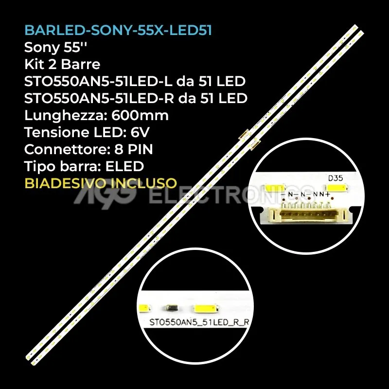 kit 2 barre LED retroilluminazione per Sony 55 pollici modello V550QWSE06