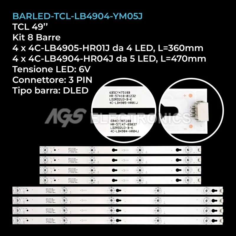 kit 8 barre LED retroilluminazione per TCL 49 pollici modello U49P6046X1